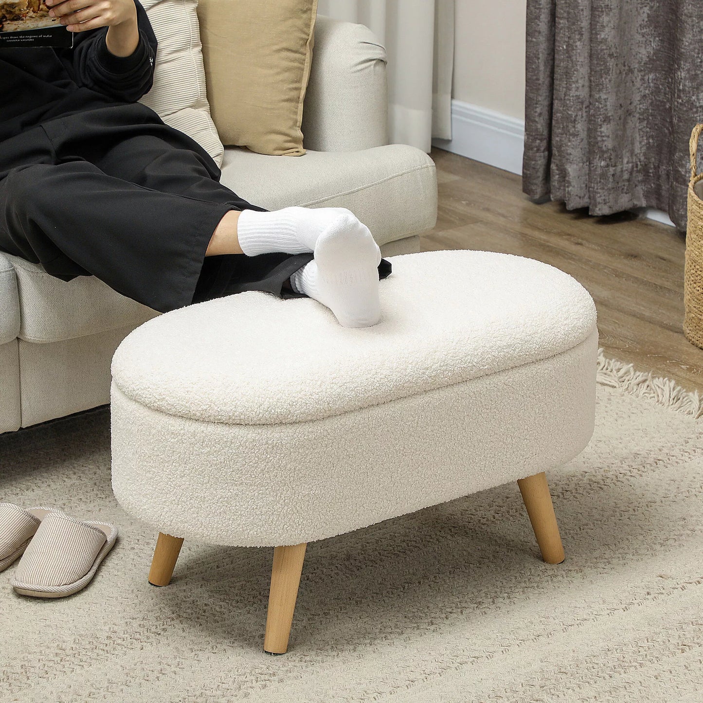 Suolas su daiktadėže ir dangčiu, pufas prieškambariui, svetainei, miegamajam, medžio, audinio apmušalas, baltas