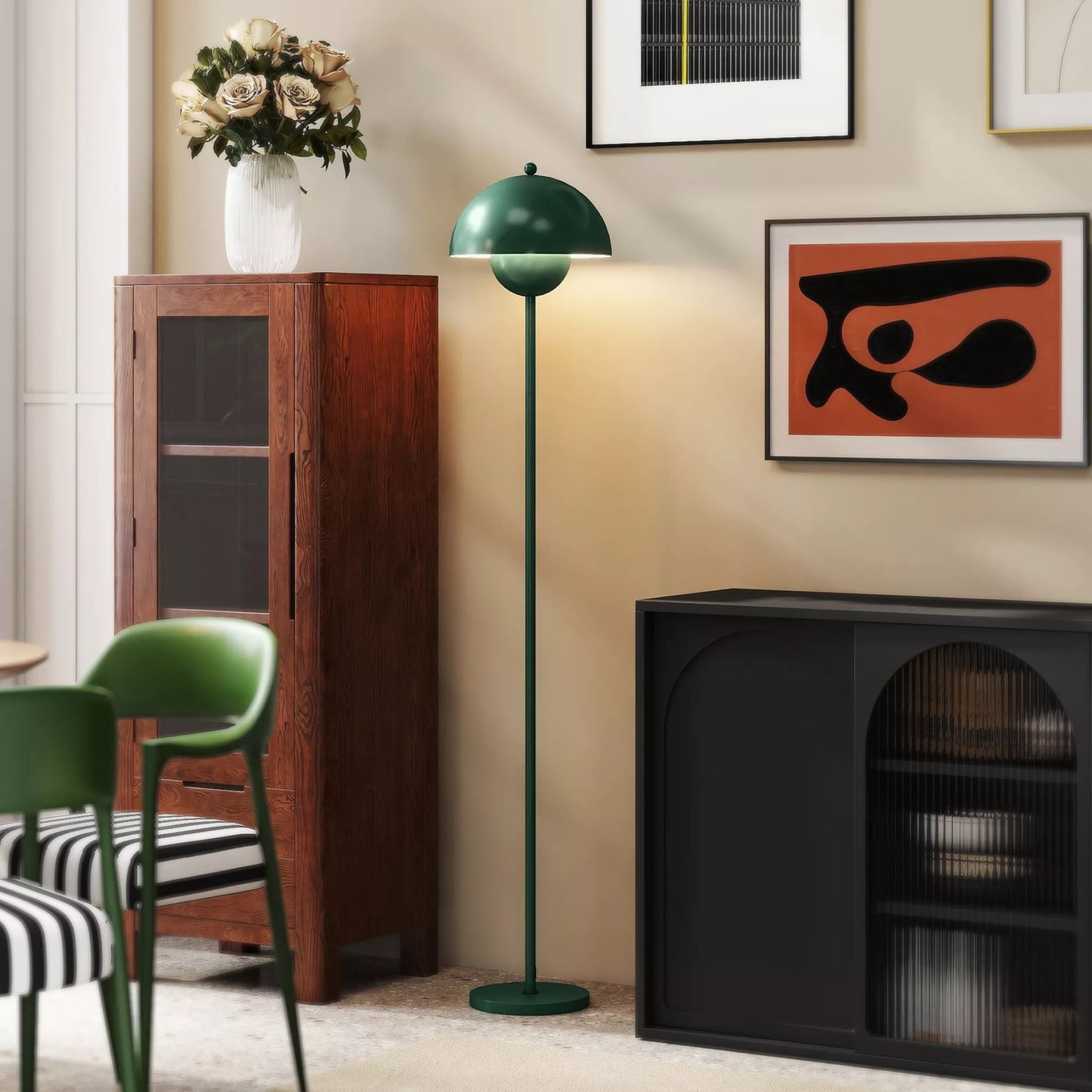 Toršeras, apvalus gaubtas, kojinis jungiklis, ilgas laidas, elegantiška išvaizda, plienas, žalia