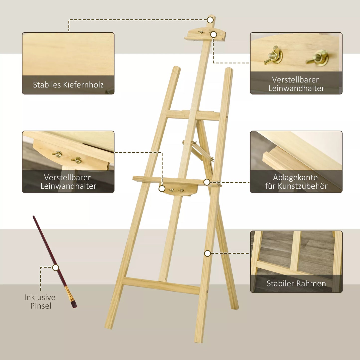 Medinis molbertas, 134,5 cm aukščio, skirtas iki 108 cm aukščio drobėms. Lauko, studijos molbertas tapybai, piešiniams, vestuvėms, parodoms. Natūralus medis.