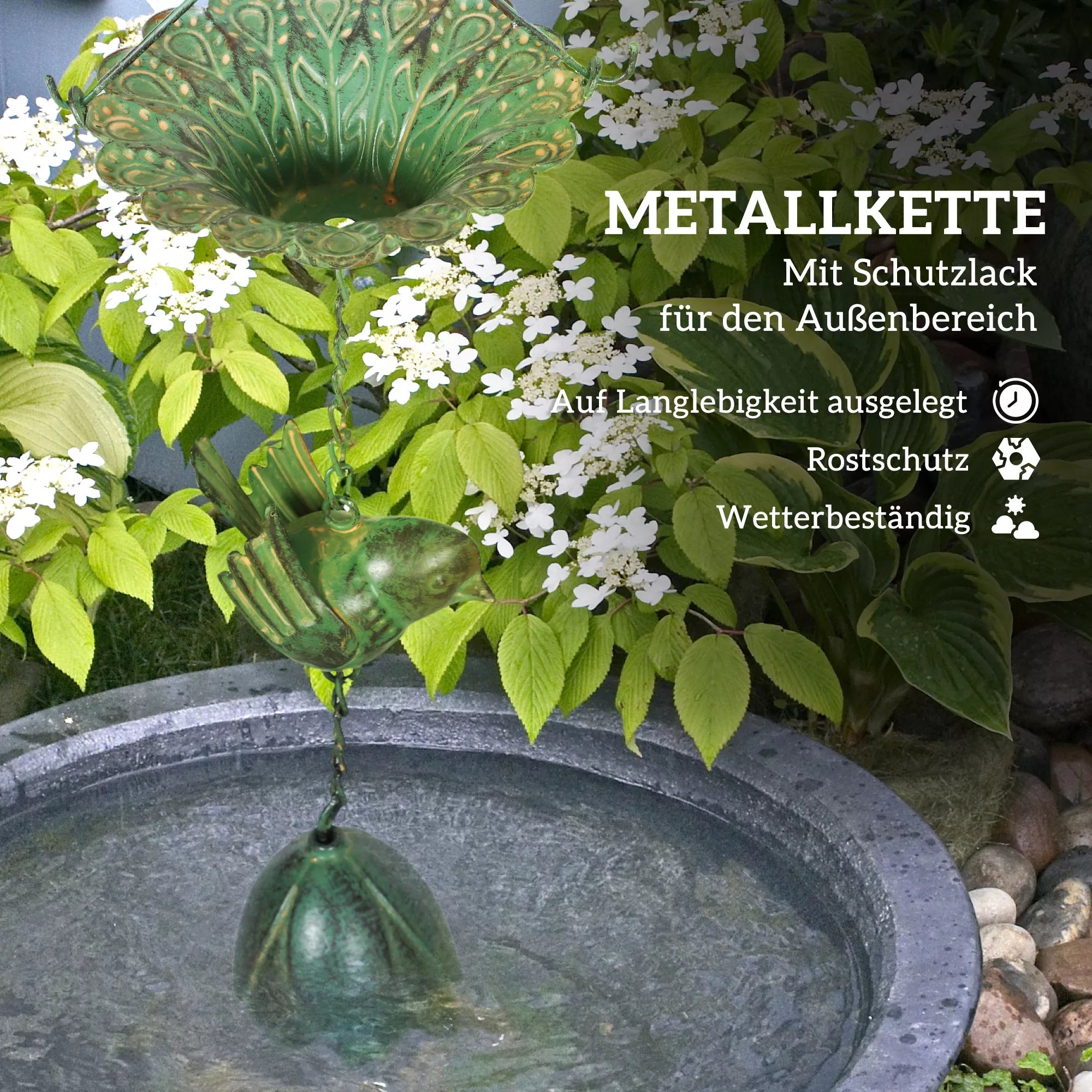 3 vnt. lietaus grandinės 123 cm metalinės lietaus grandinės su pritvirtintu kabliuku Paukščiai Bell Žalia
