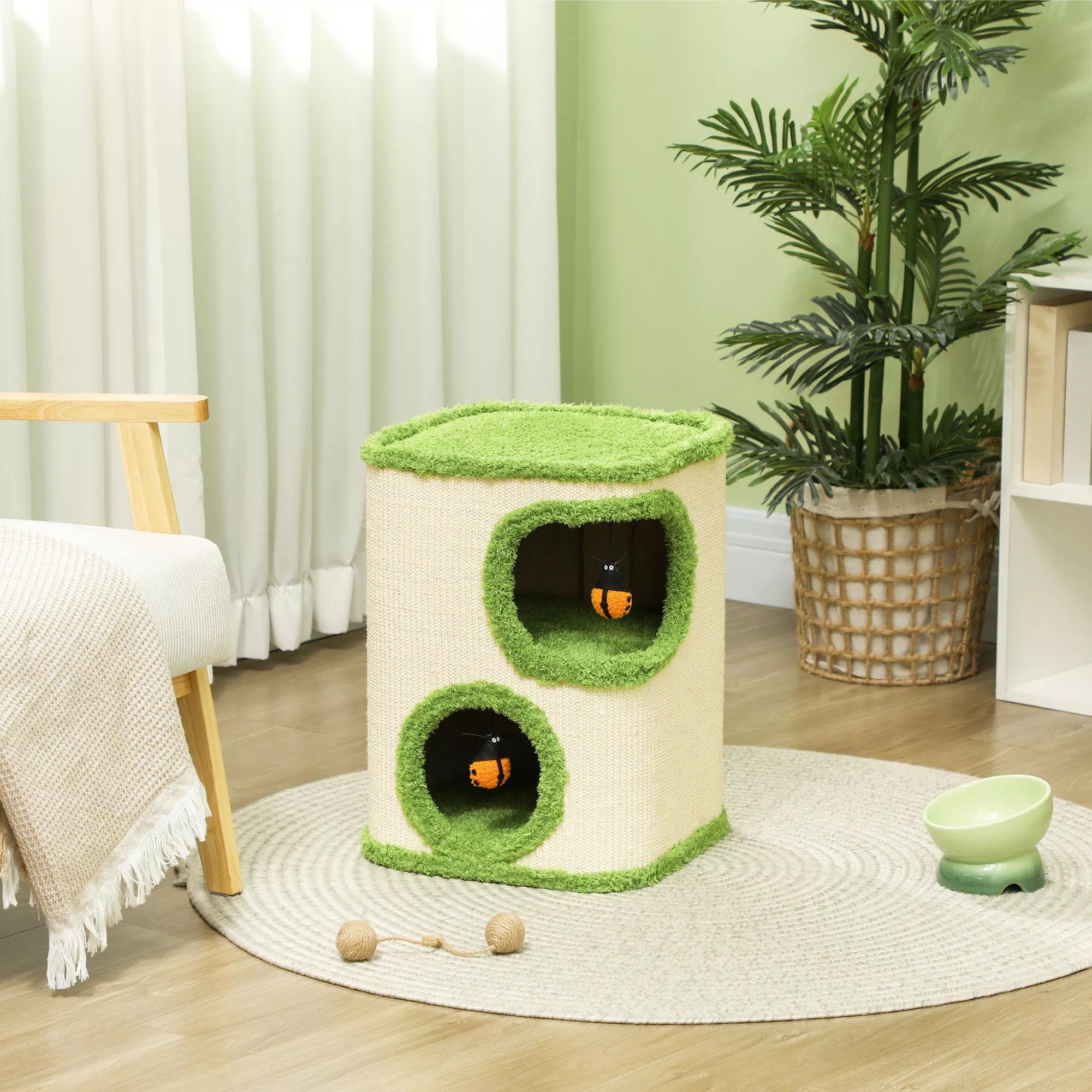 Kratzturm, 52 cm, kačių urvas su pliušu, nagų galandimo paviršiumi, žaislais, žalias/kreminės spalvos