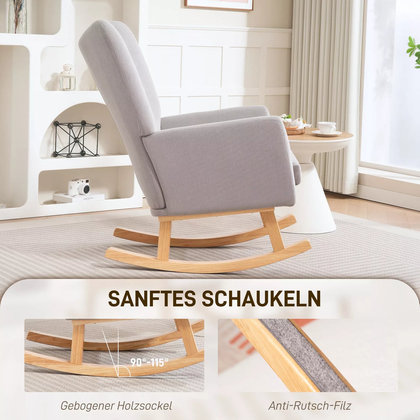 Supamas krėslas retro dizaino, veliūro apmušalas, guminmedžio mediena, putplasčio užpildas, aukštas atlošas, minkštas krėslas, šviesiai pilkos spalvos