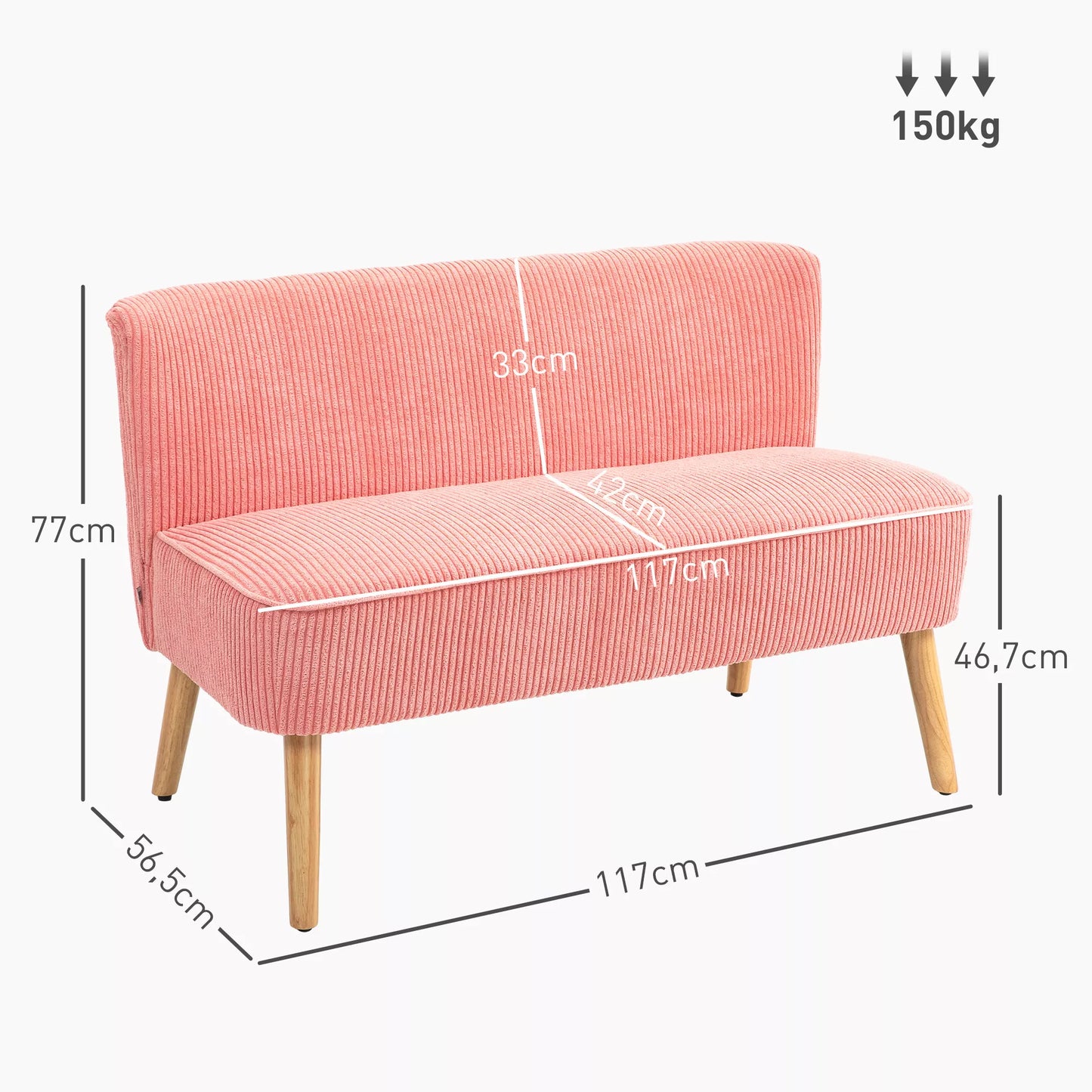Dviem žmonėms skirta sofa, elegantiško skandinaviško dizaino, masyvus medinis rėmas, atlaiko iki 150 kg, 117 x 56,5 x 77 cm, rožinė