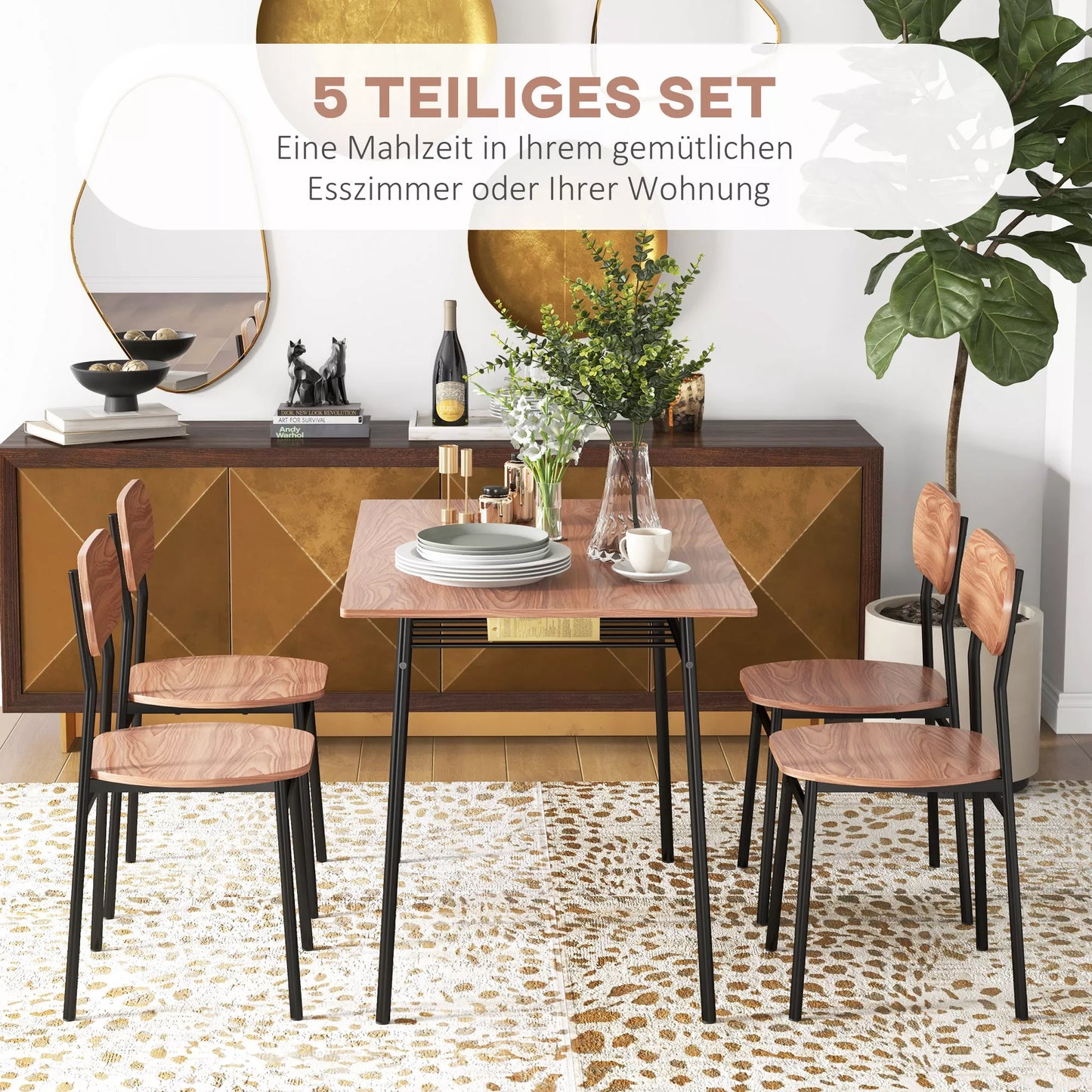 Valgomojo stalas su kėdėmis, pramoninio dizaino, 110 cm x 70 cm x 75 cm, rudas