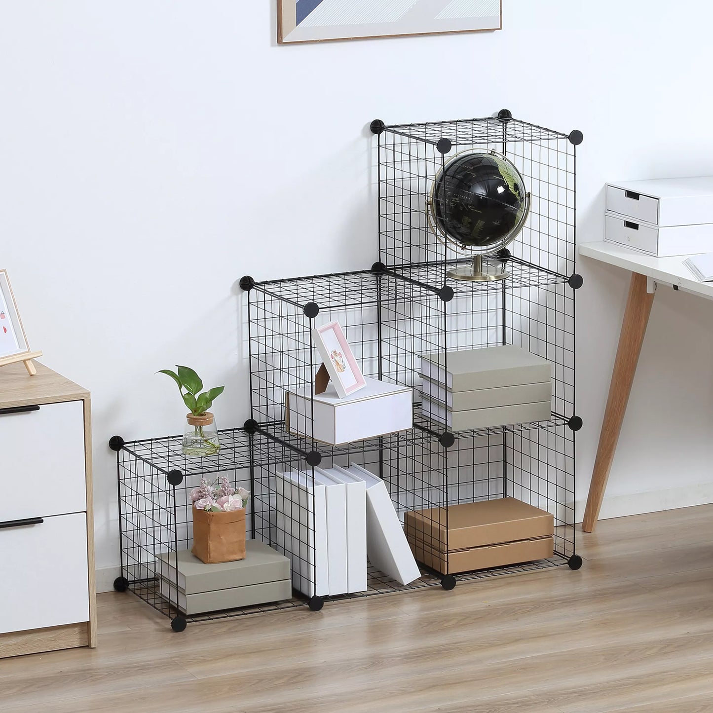 Metalinė kubelių lentyna, pritaikoma kubelių spintelė drabužiams, knygoms, žaislams, lanksti, 109 ilgio x 37 pločio x 109 aukščio cm, juoda