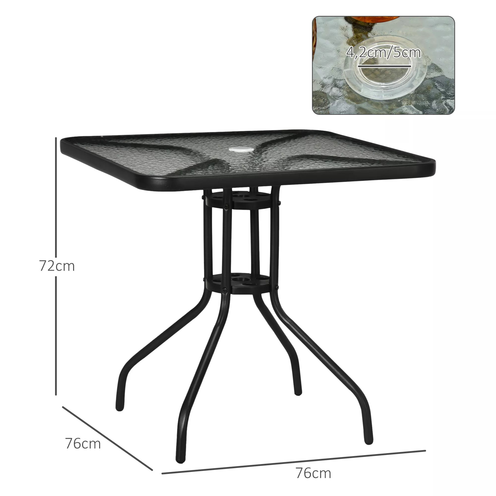Sodo stalas Nuimamas Metalinis 76x76 cm Atsparus atmosferos poveikiui Balkono stalas su skėčio skyle, neslidus Juodas