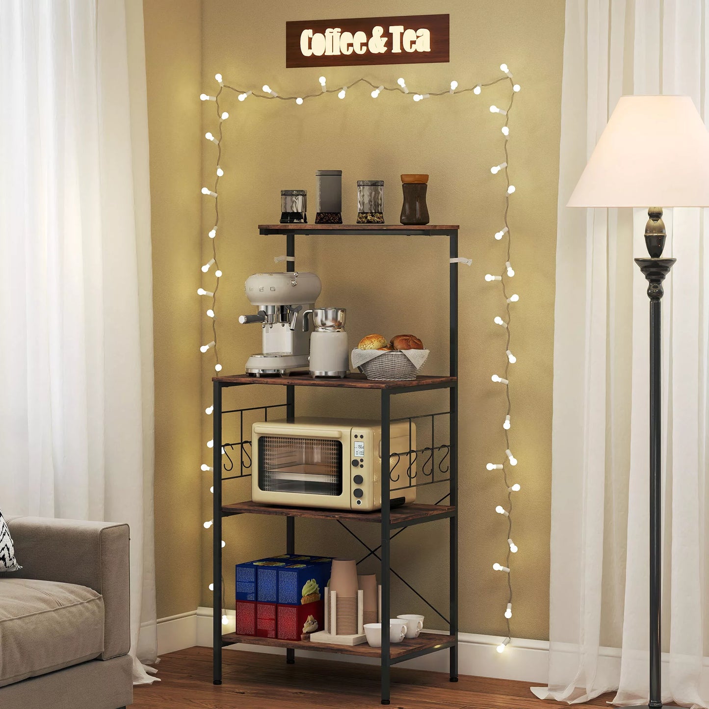 Virtuvės lentynos, 4 pakopų dizainas, stalviršis, 8 kabliai, metaliniai vamzdžiai, rudos ir juodos spalvos