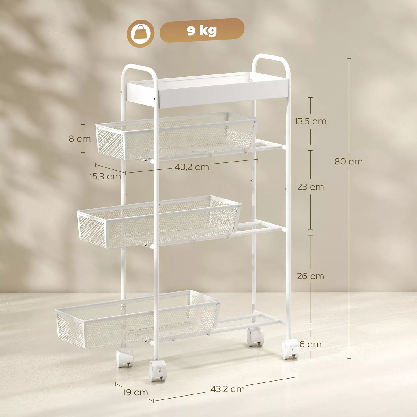 Metalinis virtuvės vežimėlis, 3 krepšiai, siauras dizainas, 4 ratai, skirtas virtuvei, svetainei, vonios kambariui, baltas