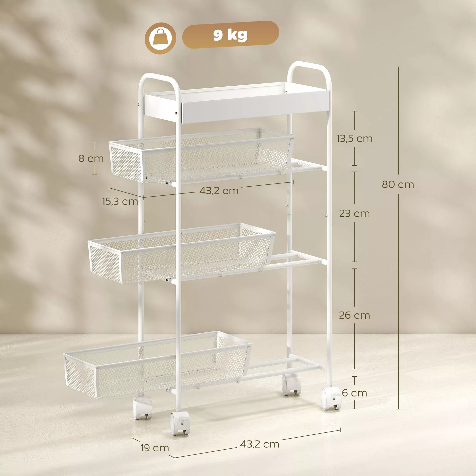 Metalinis virtuvės vežimėlis, 3 krepšiai, siauras dizainas, 4 ratai, skirtas virtuvei, svetainei, vonios kambariui, baltas