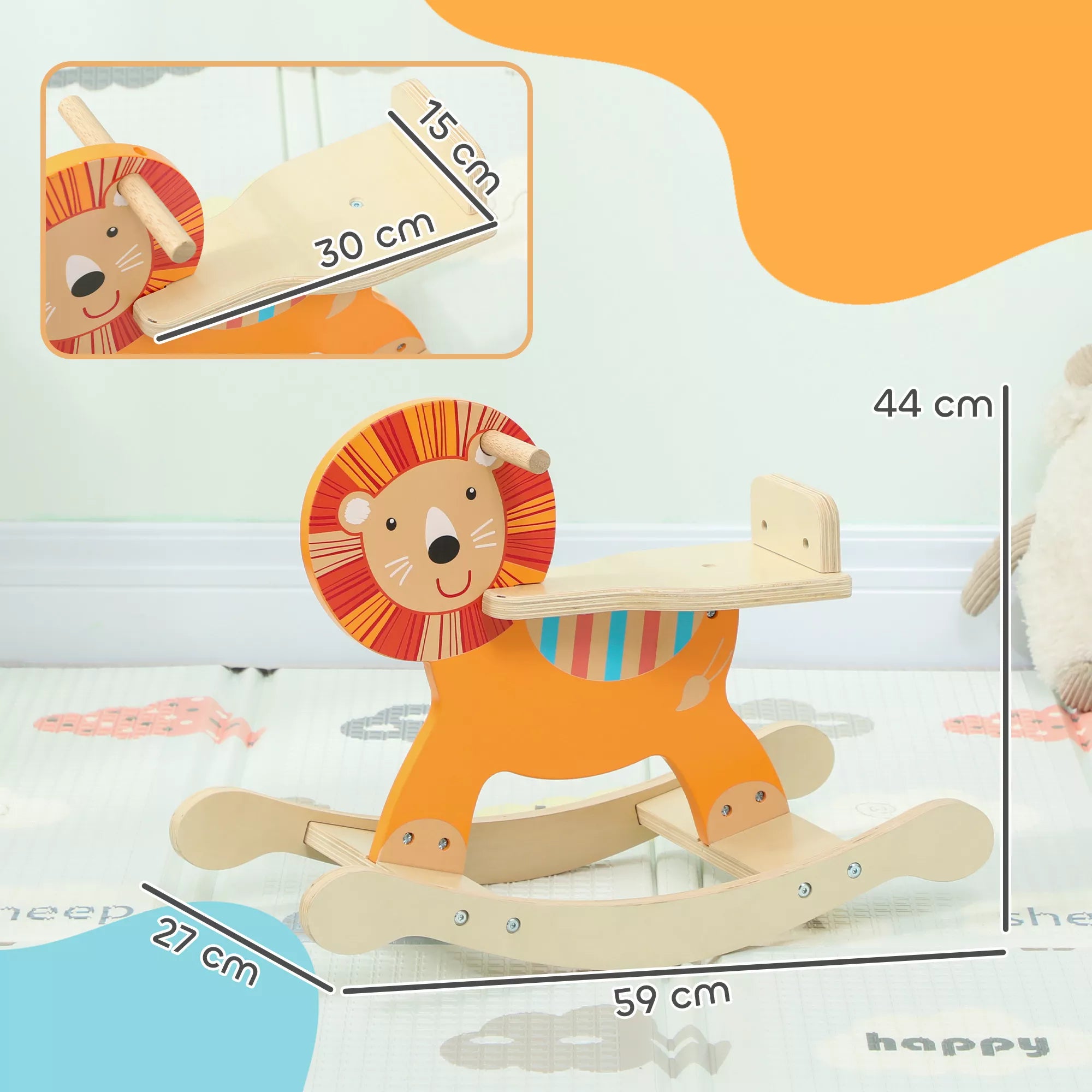 Sūpynės su liūto dizainu, 25 kg apkrova, 2–5 metai, mediena, oranžinės spalvos