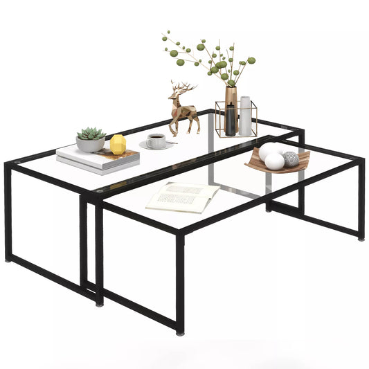 2 vnt. komplektas kavos staliukų, stikliniai, su milteliniu būdu dengtu plienu, juodi + skaidrūs