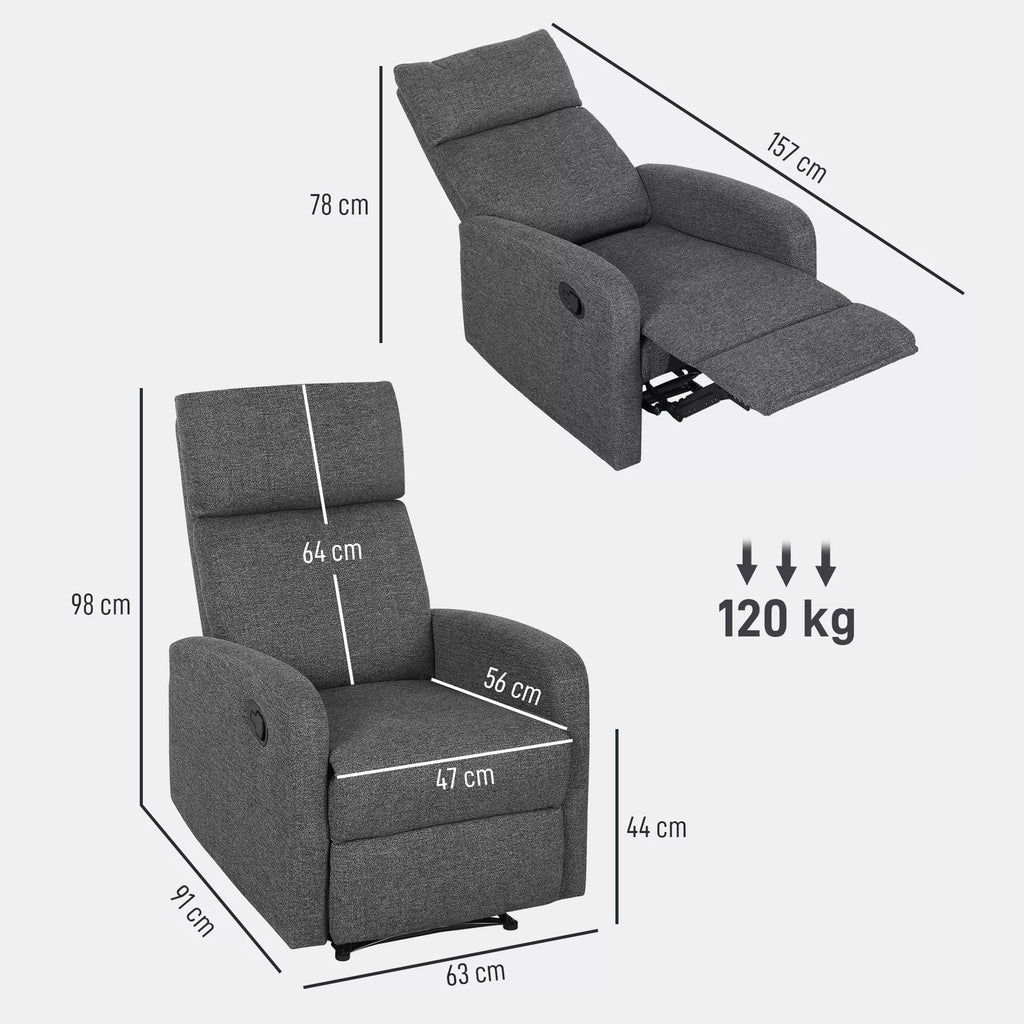 Matmenų schema: relaksacinis fotelis 78 cm pločio, 64 cm sėdynės gylis, 98 cm aukštas, iki 120 kg