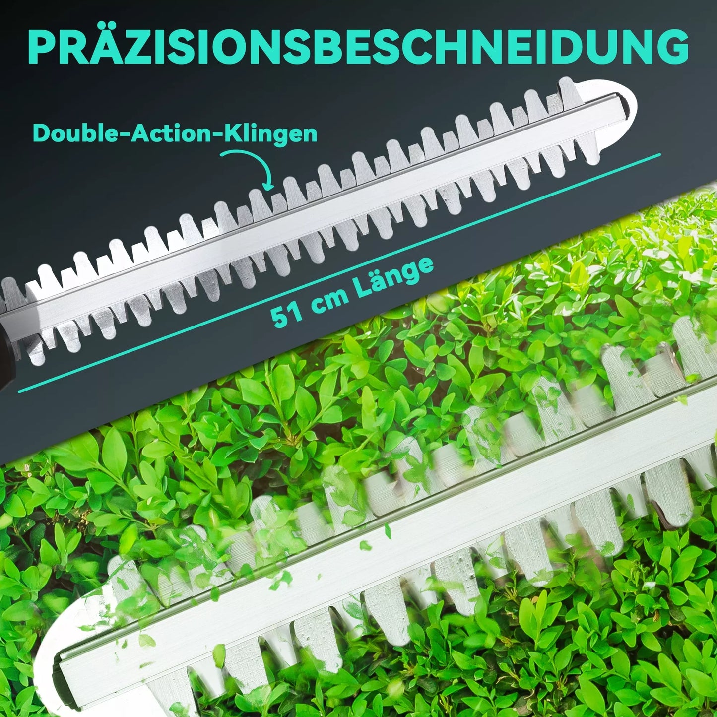 Elektrinės gyvatvorių žirklės su akumuliatoriumi, elektrinis gyvatvorių genėtuvas, 51 cm pjovimo ilgis, variklis, mėlynas akumuliatorius