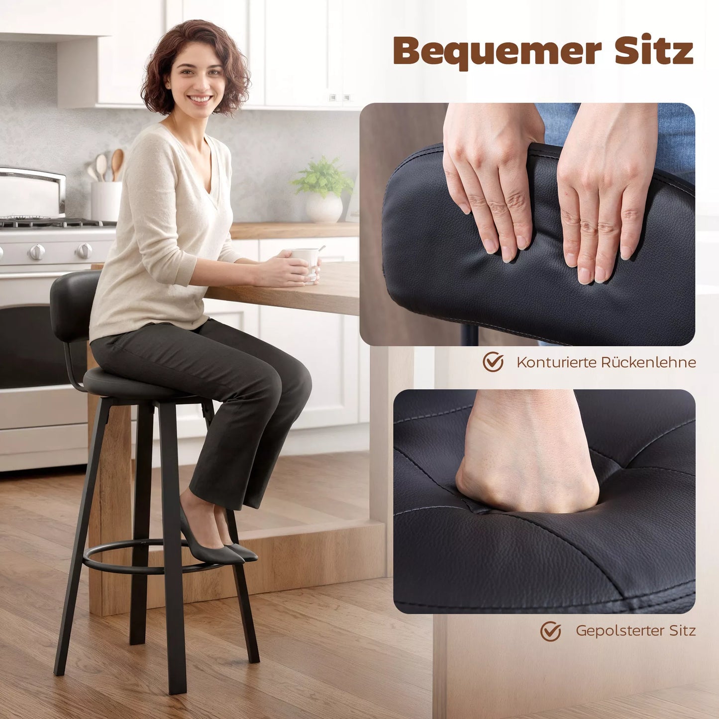 Baro kėdžių komplektas 2 vnt. su dirbtinės odos apmušalu, paminkštinta sėdyne, atlošu ir kojų atrama, juodas