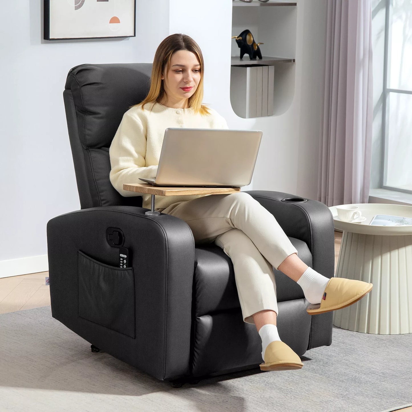 Masažinė kėdė, relaksacinė kėdė, gultas, 1 sulankstomas staliukas, 1 pakojis; 77 cm x 93 cm x 105 cm, Juodas