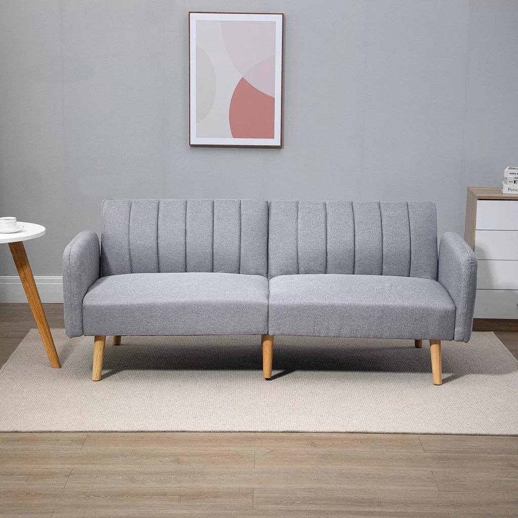 Miegamasis sofos, 2-vietė audinio sofa, sofa su miego funkcija, lino tipo poliesteris, kaučiuko medis, 173 x 75 x 73 cm, pilka