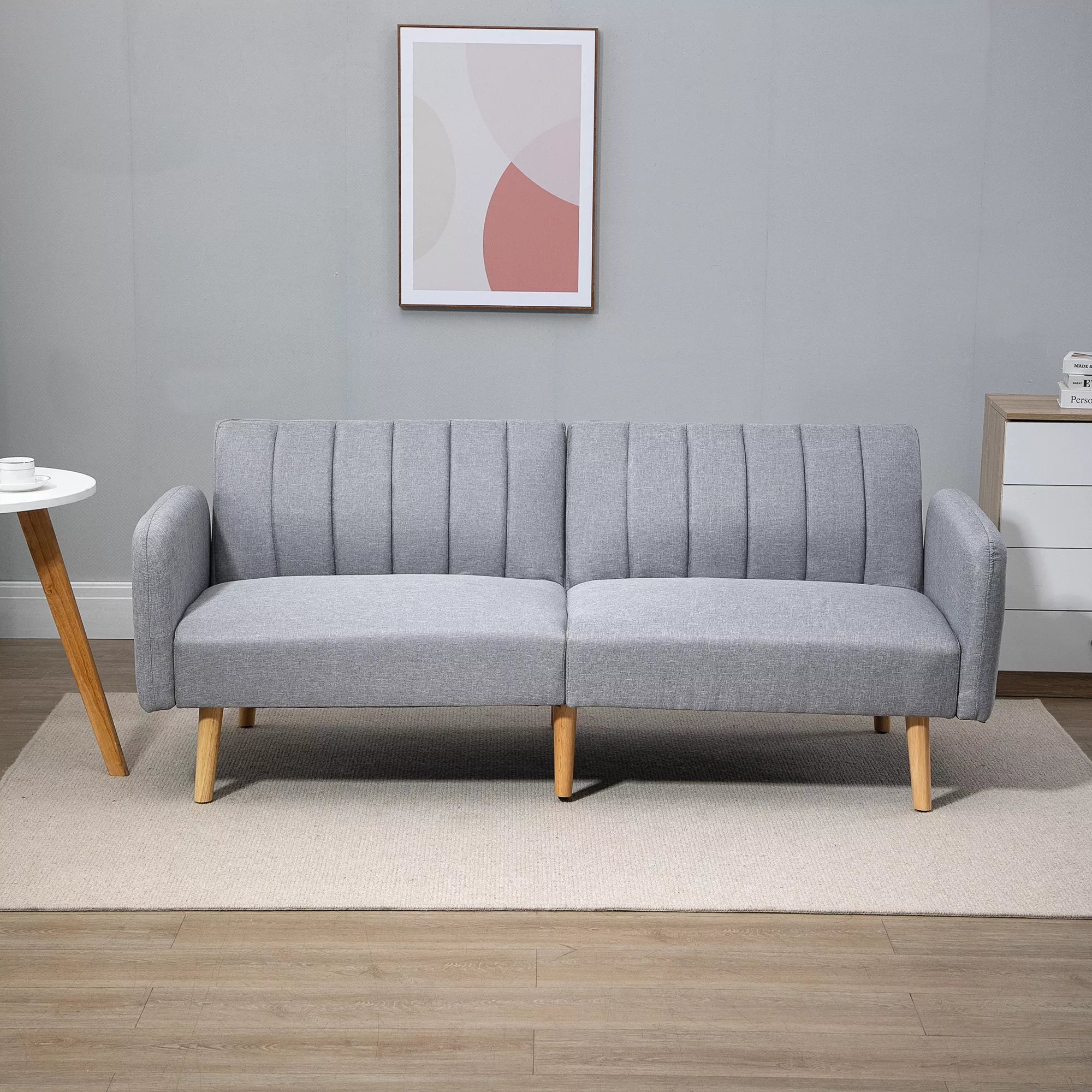 Miegamasis sofos, 2-vietė audinio sofa, sofa su miego funkcija, lino tipo poliesteris, kaučiuko medis, 173 x 75 x 73 cm, pilka