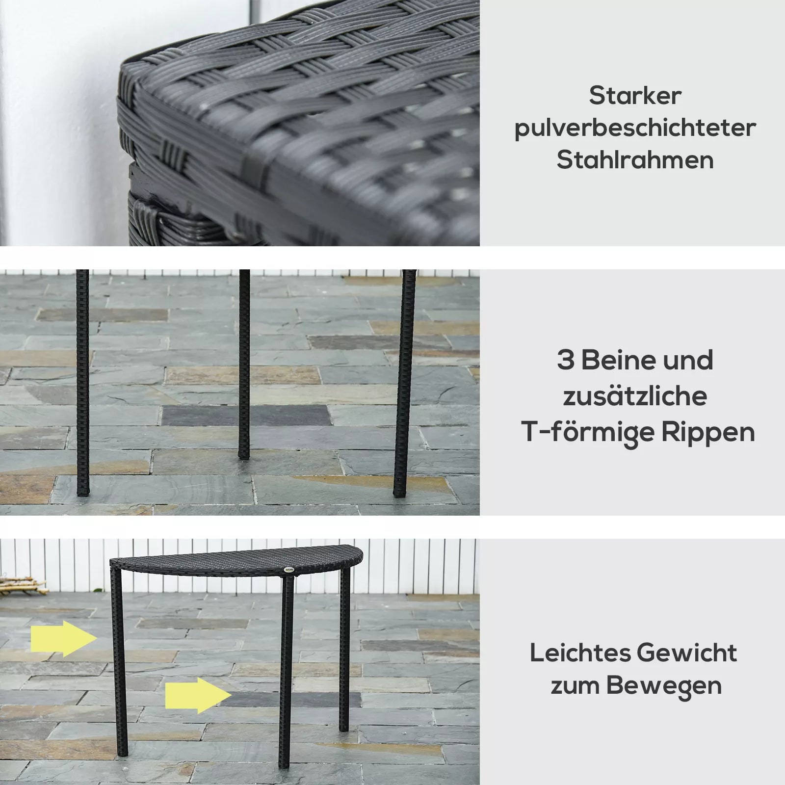 Balkono stalas Sodo staliukas Stalas Sodo baldai pusapvalus Polirattan Metalas Juodas 100 x 50 x 74 cm