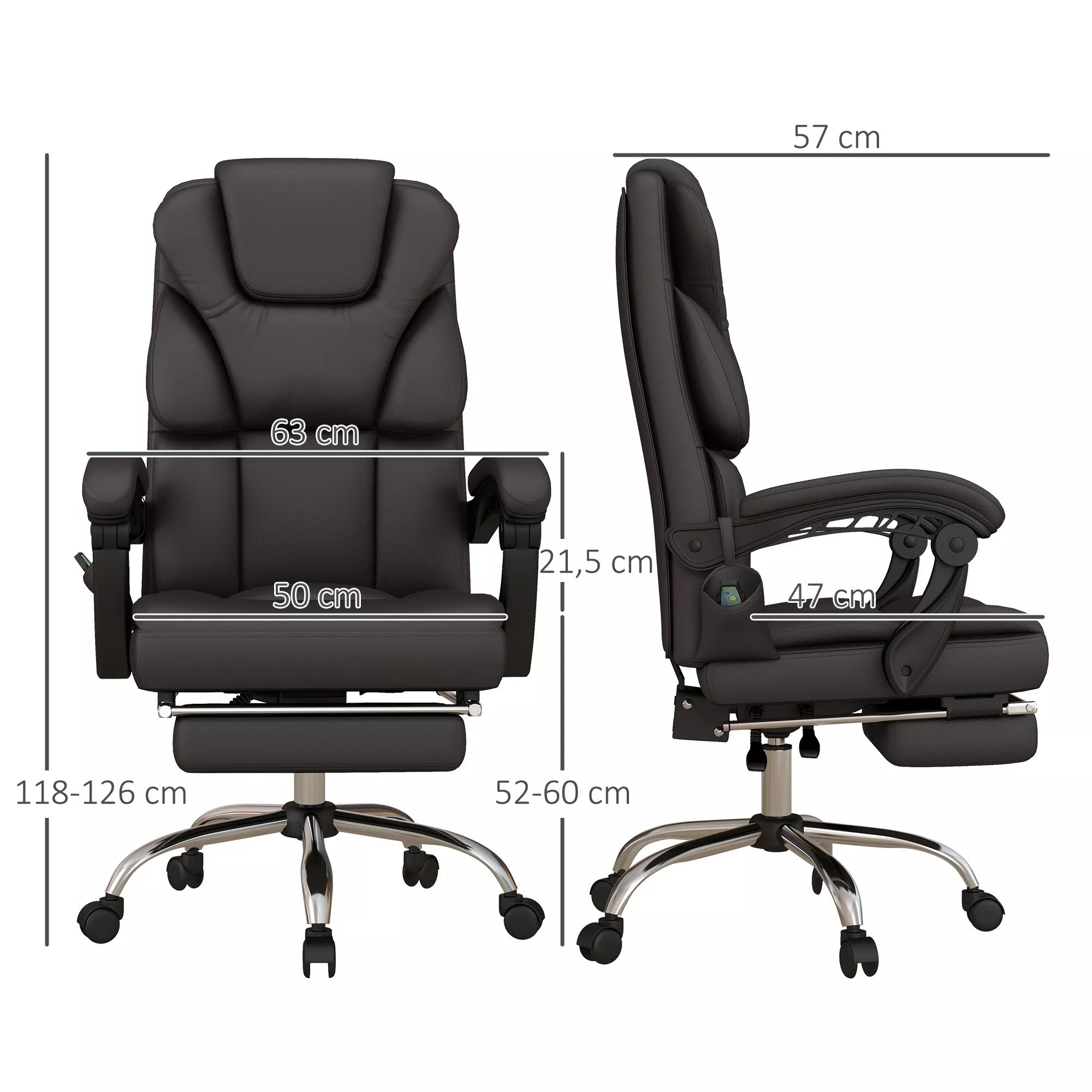 Biuro kėdė su masažo funkcija, ergonomiška, atlošiama, 63x57x118, ruda