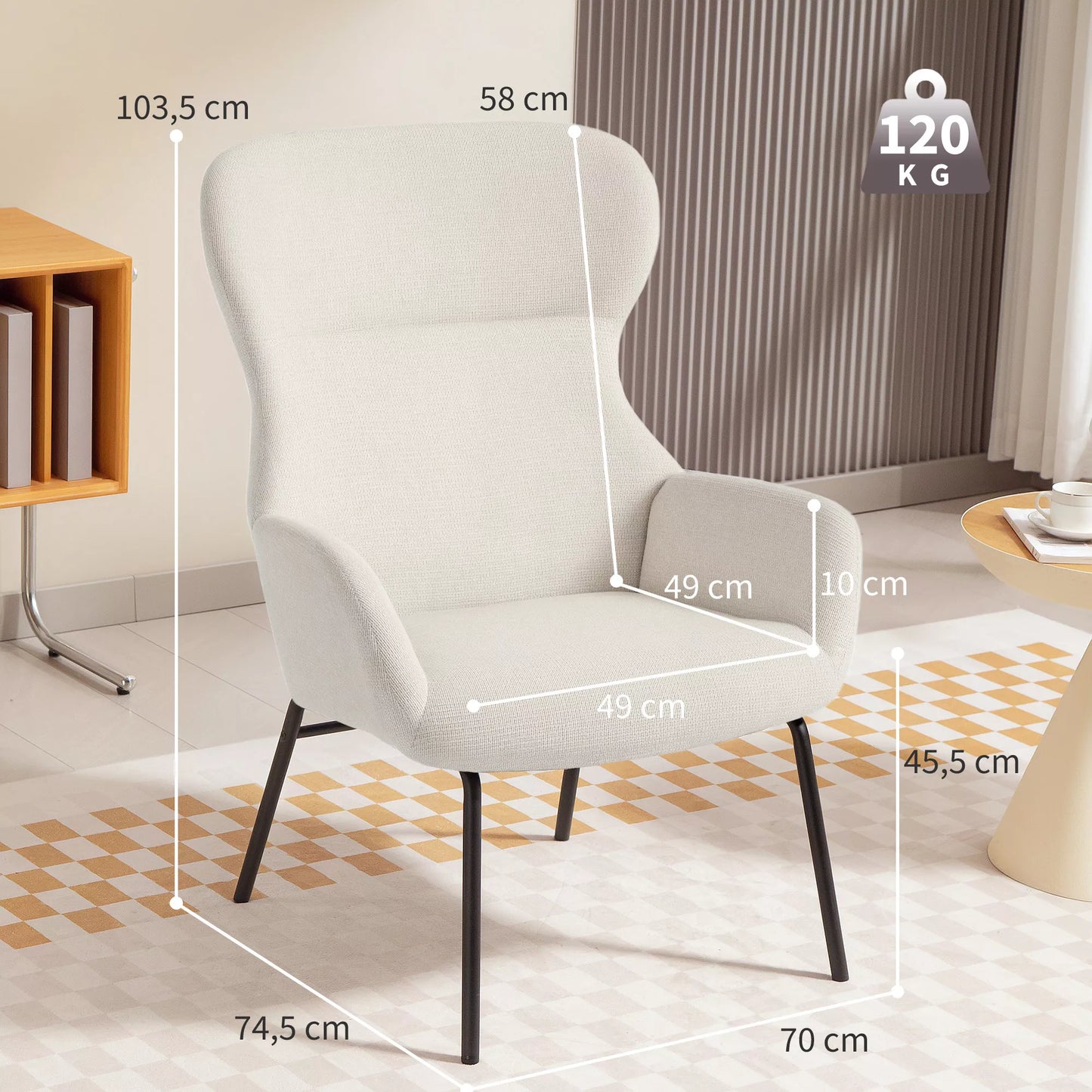 Modernus minkštas krėslas su ausytėmis, aukšta atlošo atrama, storas paminkštinimas, plieninės kojos, kreminės baltos spalvos