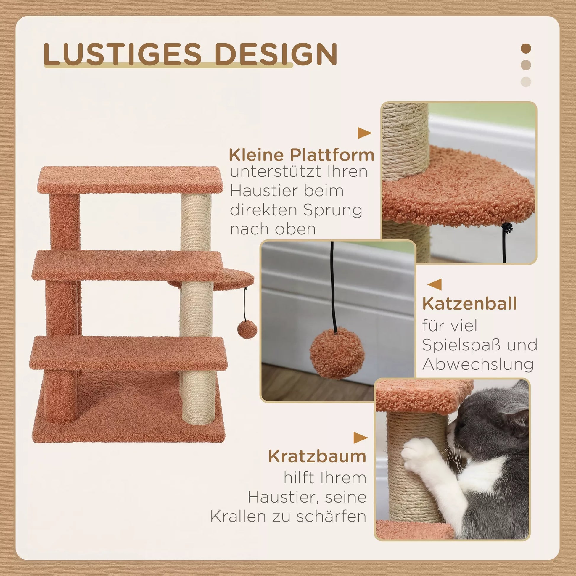 Kratzbaum, naminių gyvūnėlių laiptai, 3 pakopos, žaislinis kamuolys, iki 5 kg, 45x40x48 cm, rudi