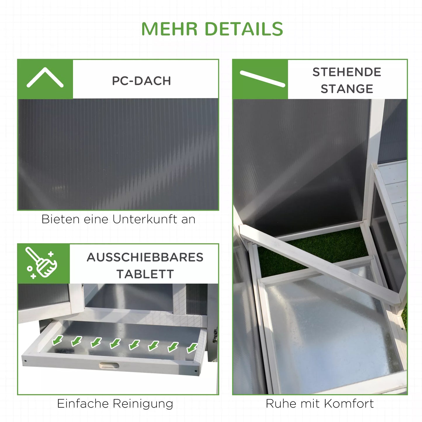 Vištidė vištų namelis, tinkama 1-2 vištoms, su lizdų dėže, 2 skyrių kiaušinių dėžė, pušis, pilka+balta, 160 x 75 x 80 cm