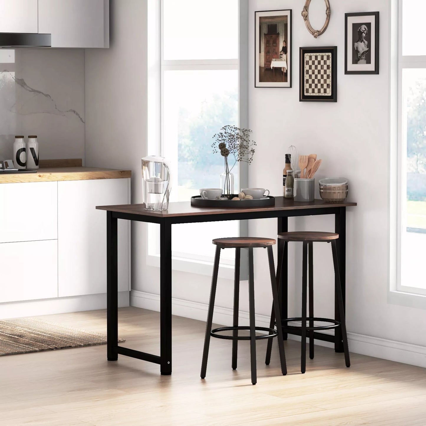 2 baro kėdžių komplektas pramoninio dizaino, metalinis rėmas, atrama kojoms, 42 x 42 x 65 cm