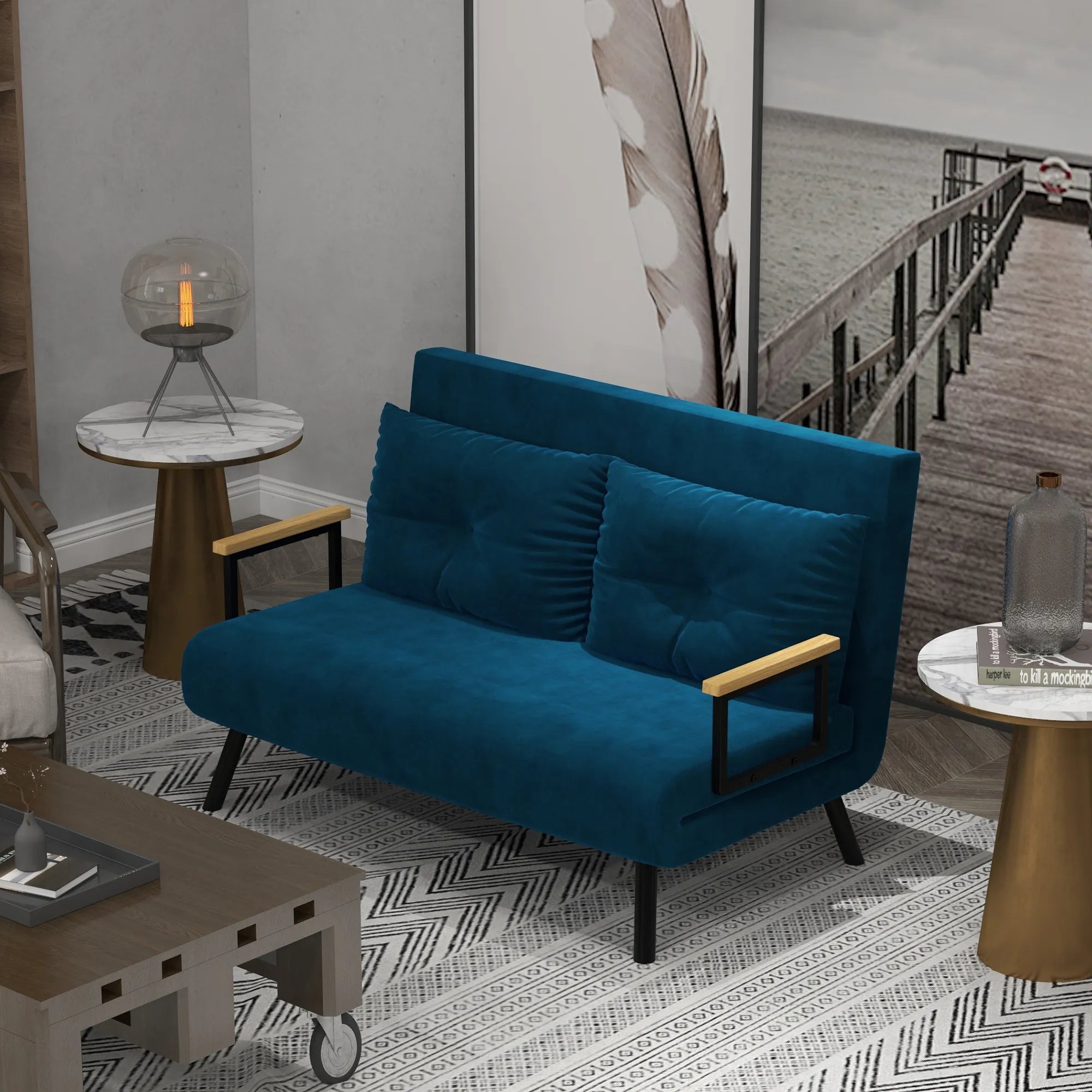 Miegama sofa 2 vietų sofa,  velvetinė sofa, miegojimo funkcija, su 2 pagalvėlėmis, velveto išvaizda, natūrali + mėlyna