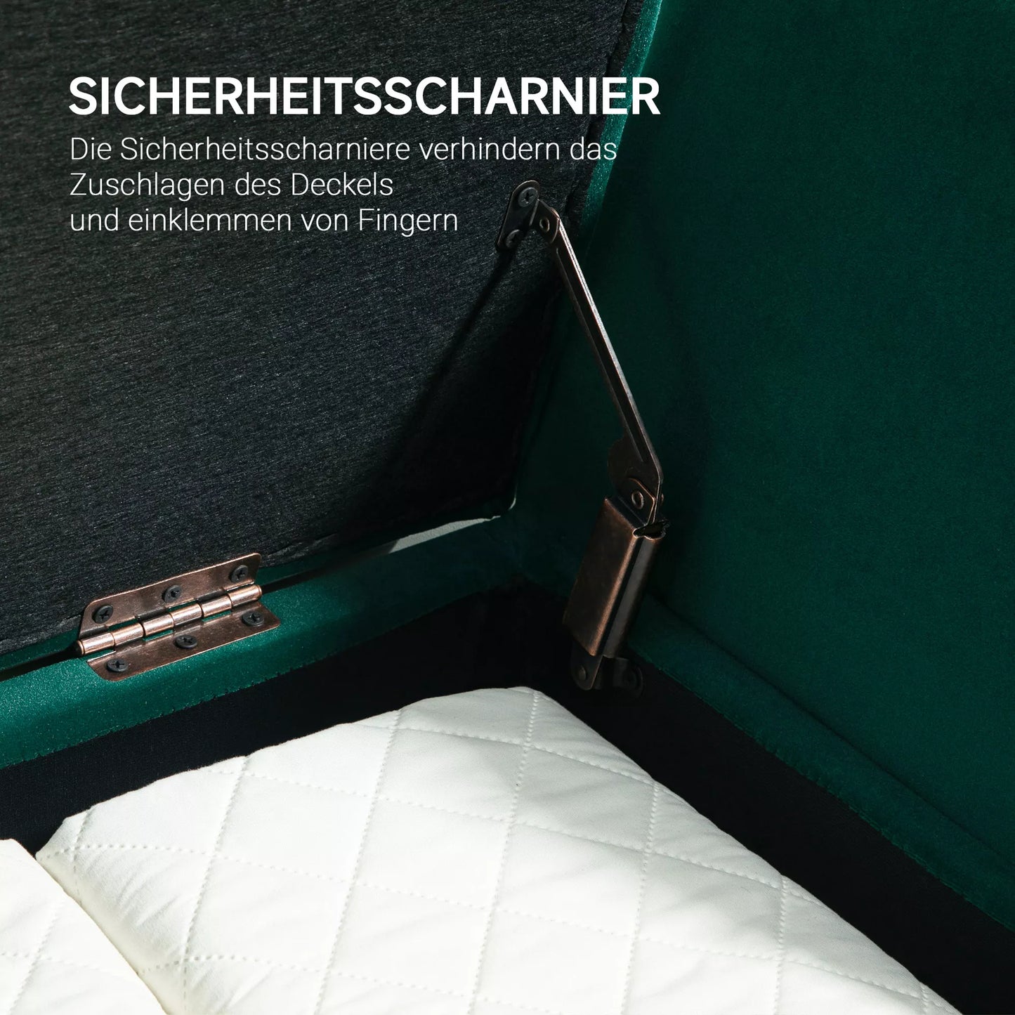 Minkštas suolas su daiktadėže ir porankiais, samaninio poliesterio apmušalas, guminmedžio mediena, 107 x 42 x 65 cm, žalias.