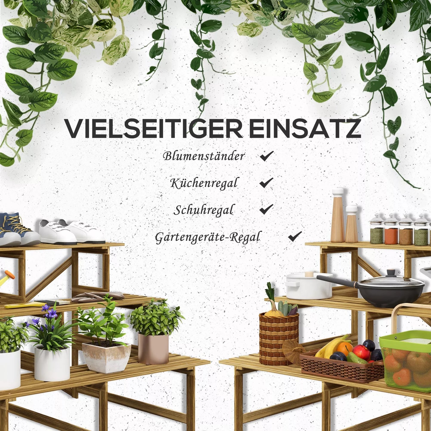 Pakyla augalams, gėlių stovas, augalų lentyna, 3 pakopos, eglės mediena, 120 x 80 x 78cm