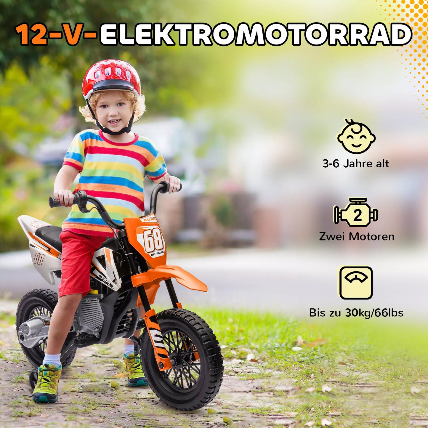 Elektrinis motociklas vaikams, 12V vaikiškas motociklas su muzika, vaikiška transporto priemonė su atraminiais ratukais, 3-6 metai, Oranžinis