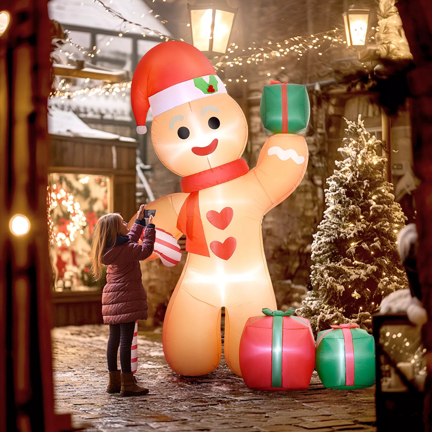 Outsunny Pripučiamas meduolių žmogeliukas su pagaliuku, 2,45 m aukščio, su baltu LED apšvietimu, 170 x 100 x 245 cm