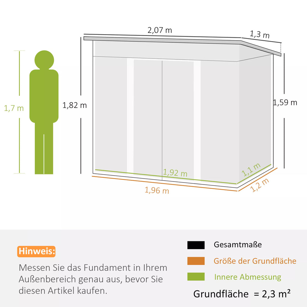 Metalinis įrankių namelis 2,3 m² 207 x 130 x 182 cm Įrankių namelis su vienšlaičiu stogu Langas Grindų rėmas Žalias
