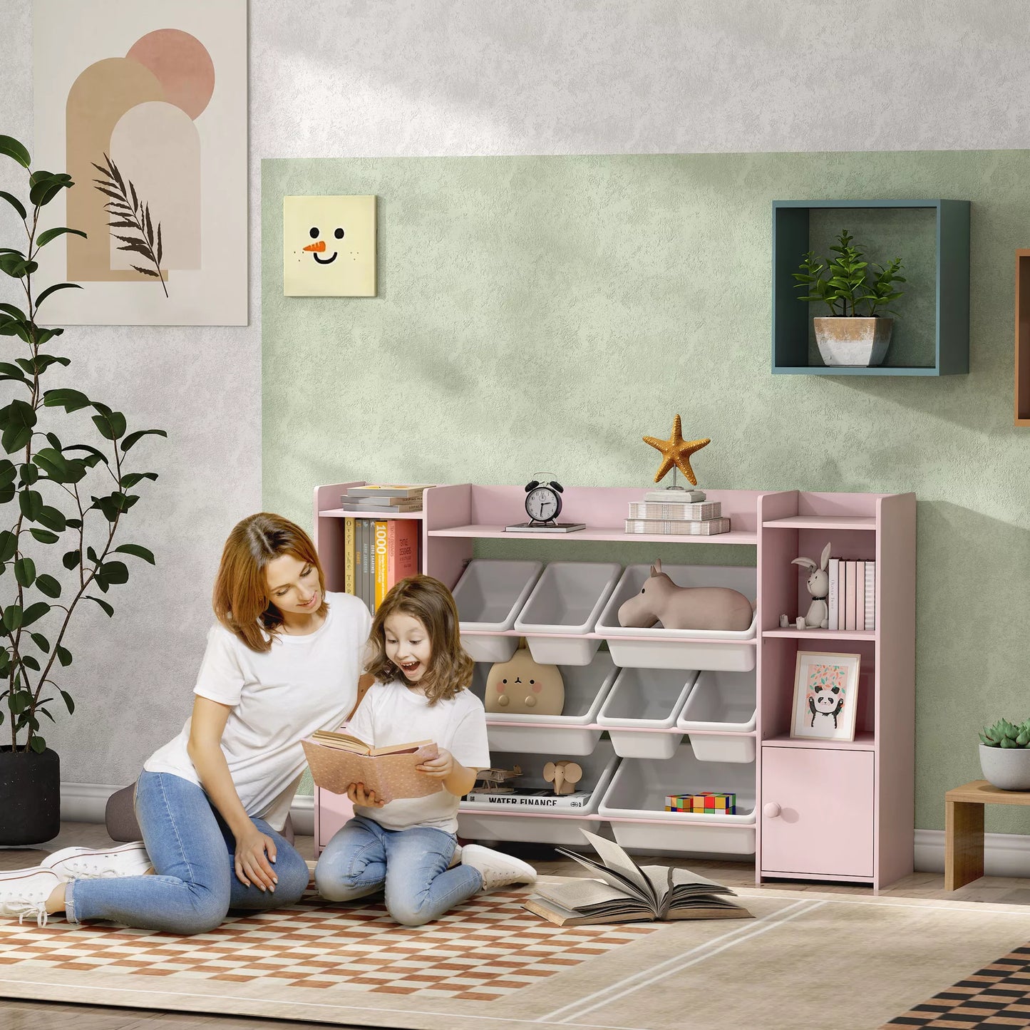 Vaikų laikymo lentyna žaislams ir knygoms, skirta tvarkingai laikyti, su 8 išimamomis dėžutėmis, rožinė
