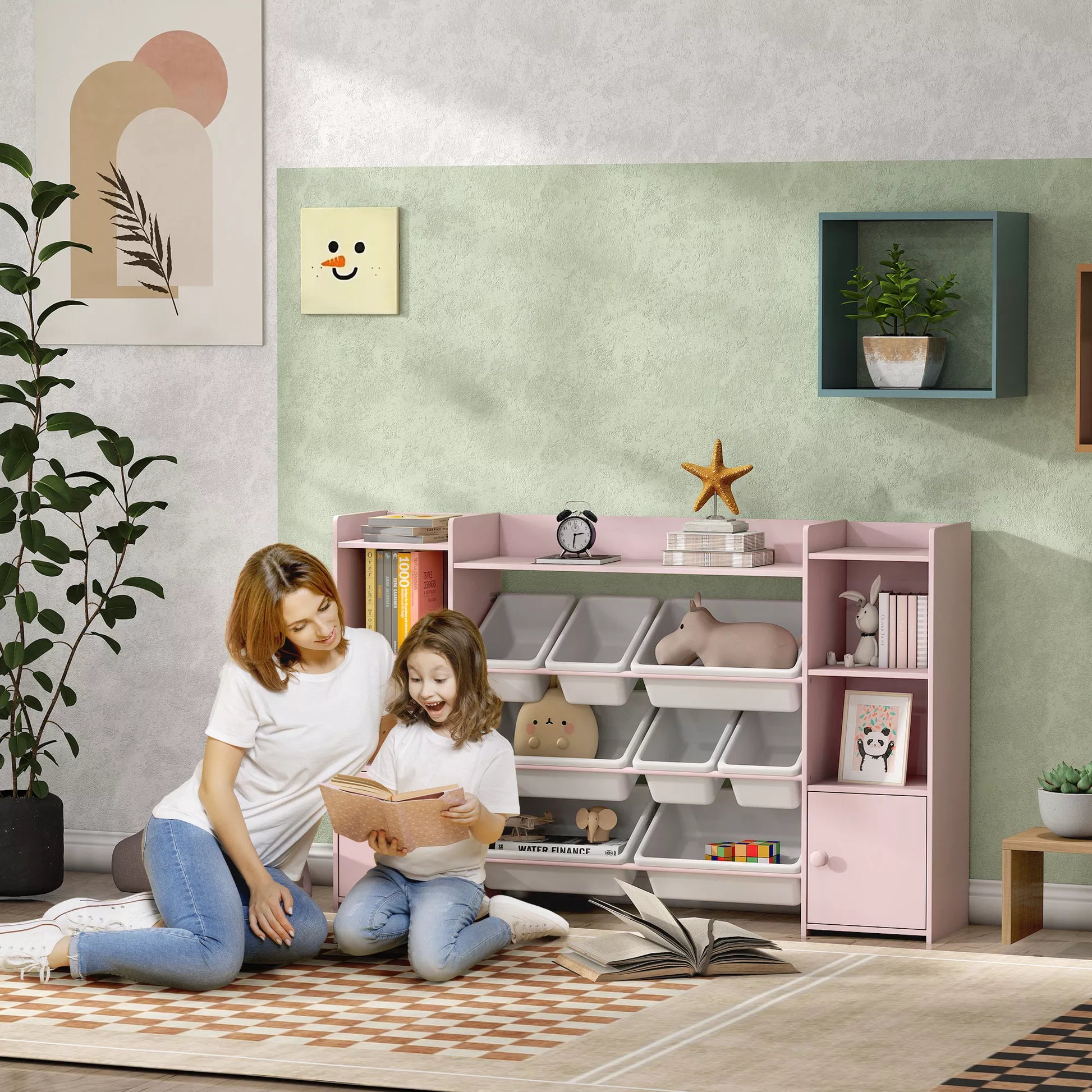 Vaikų laikymo lentyna žaislams ir knygoms, skirta tvarkingai laikyti, su 8 išimamomis dėžutėmis, rožinė