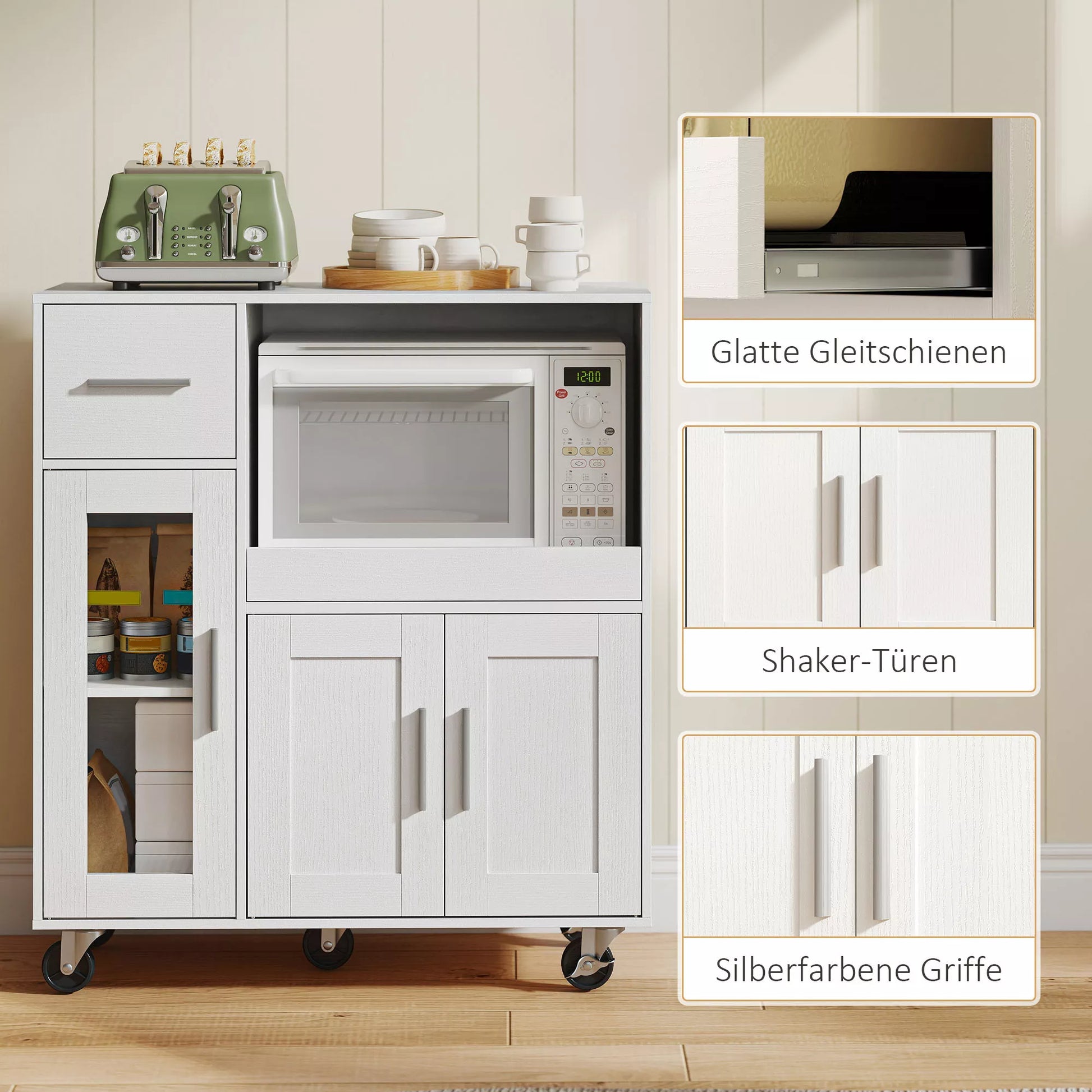 Virtuvės spintelė ant ratukų, mobili virtuvės komoda su lentynomis, stalčiais, reguliuojama lentyna, kabelio anga, balta