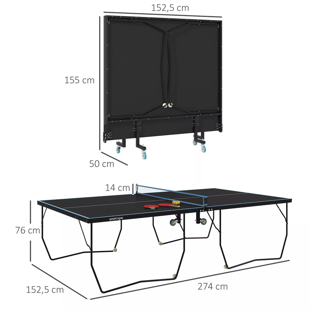 Stalo teniso stalas, sulankstomas, 8 ratai, milteliais dengtas plieninis rėmas, MDF, 274 x 152,5 x 76 cm, juodas