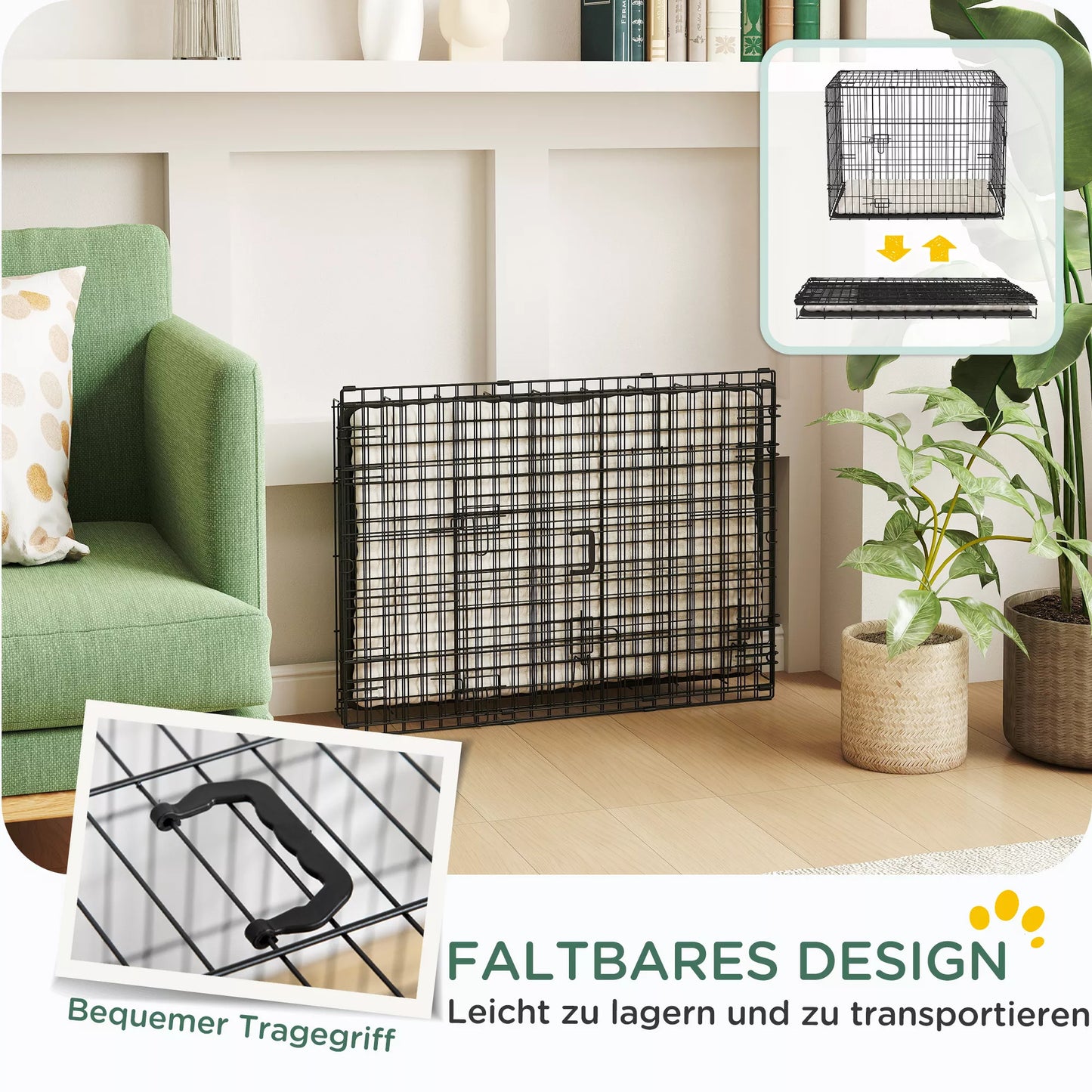 Narvas šunims, sulankstomas transportavimo narvas su pagalve ir padėklu, plienas, 75x48,5x53 cm, juodas