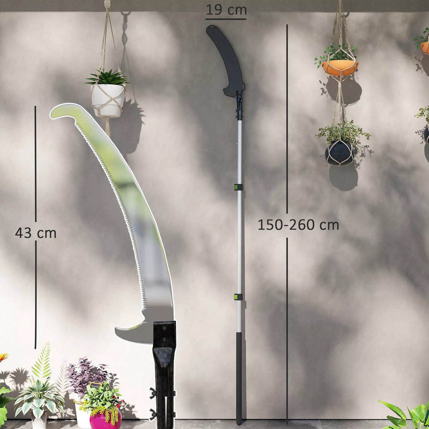 Teleskopinė šakų pjūklė 1,5–2,6 m su fiksavimo mechanizmu, teleskopine rankena, nelimpančia danga dengtu ašmenimis, juoda