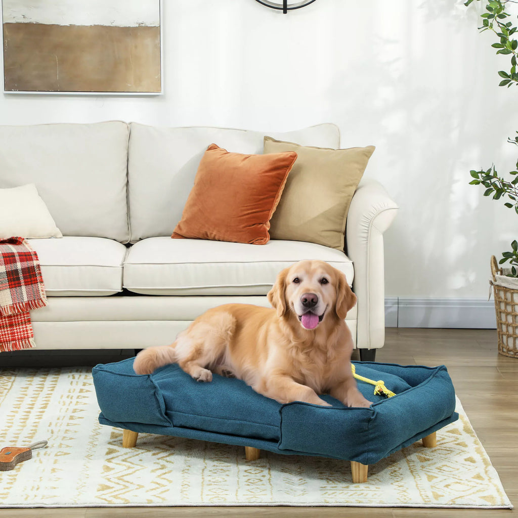 Šunų sofa, naminių gyvūnų sofa, naminių gyvūnų lovelė, nuimamas ir skalbiamas apmušalas, natūralus + tamsiai mėlynas