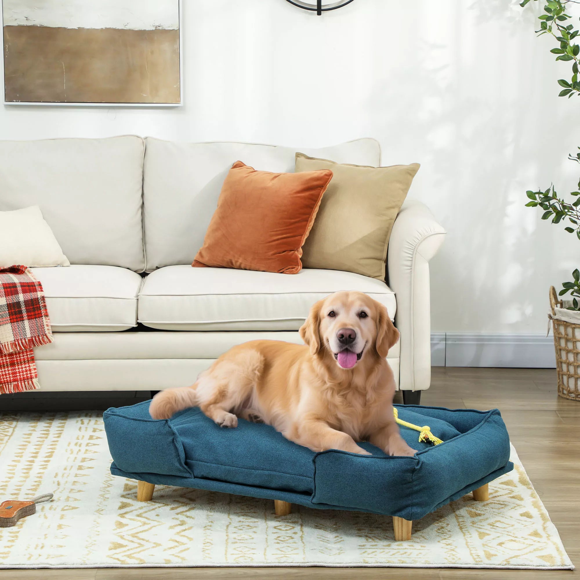 Šunų sofa, naminių gyvūnų sofa, naminių gyvūnų lovelė, nuimamas ir skalbiamas apmušalas, natūralus + tamsiai mėlynas
