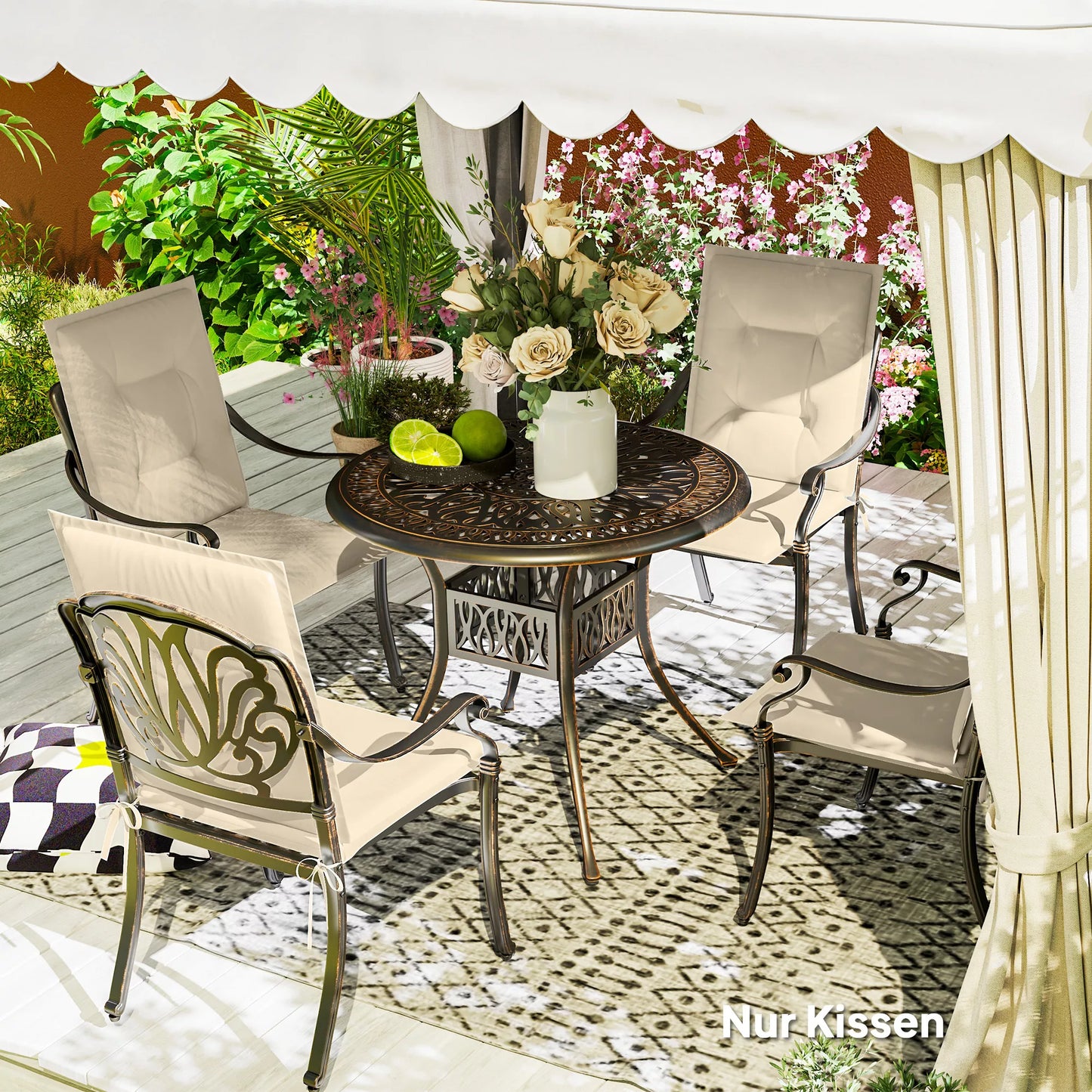 4 vnt. Sėdynių pagalvėlių rinkinys 108 x 50 x 5 cm Kėdės pagalvėlė su raišteliais, lauko ir vidaus naudojimui, smėlio spalvos