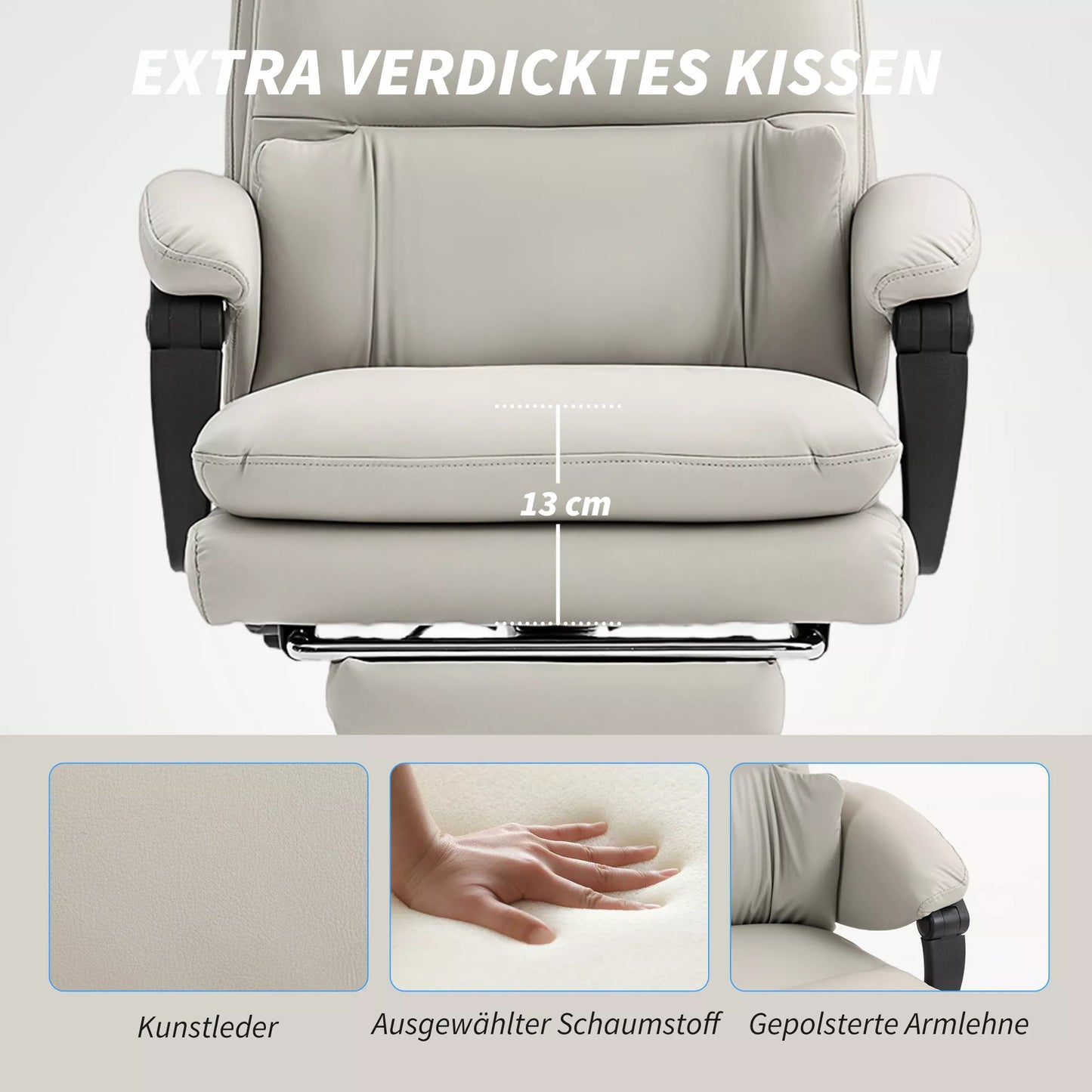 Biuro kėdė su reguliuojamu aukščiu, juosmens atrama, porankiais, atrama kojoms, pagaminta iš dirbtinės odos, šviesiai pilka