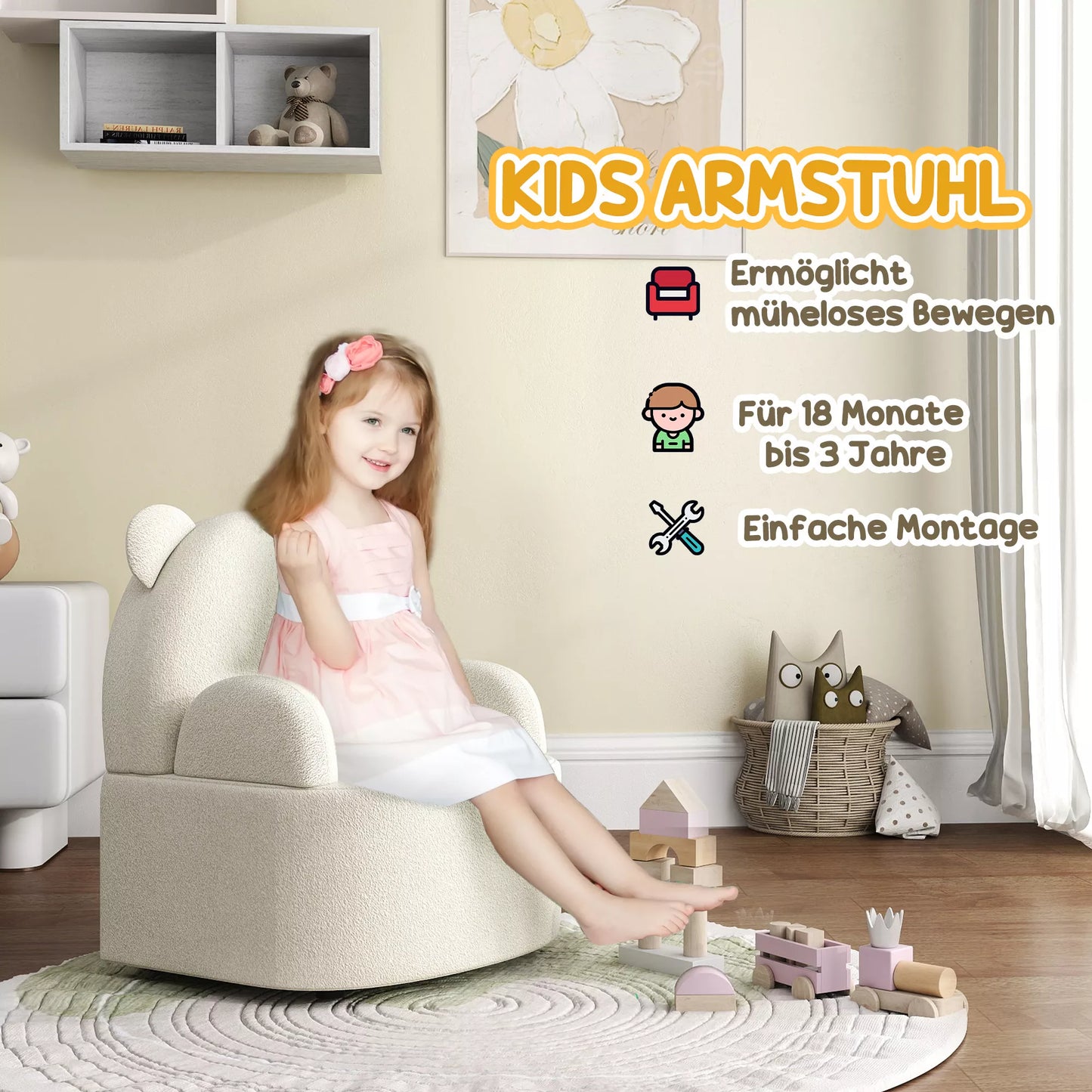 Vaikiška kėdutė, meškiuko formos, minkštas teddy flisas, iki 3 metų, 52x48x59 cm, smėlio spalvos