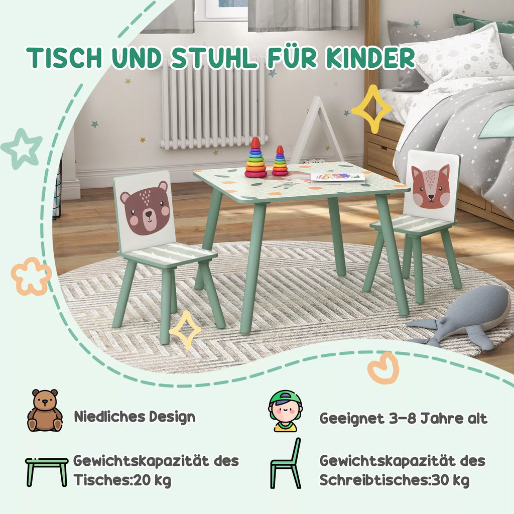 Sėdimoji grupė vaikams nuo 3 iki 8 metų, 1 stalas ir 2 kėdės, mielas gyvūnų motyvas, žalia spalva