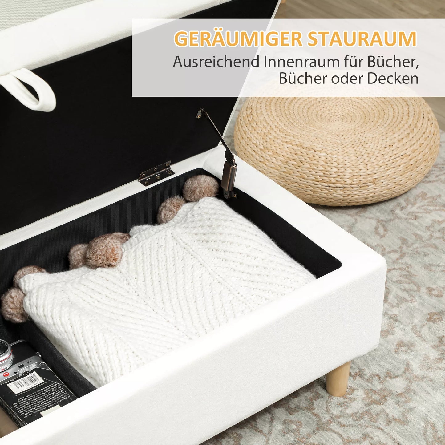 Minkštas taburetė su daiktų laikymo vieta, medinės kojos, minkštas audinys, kreminė balta spalva