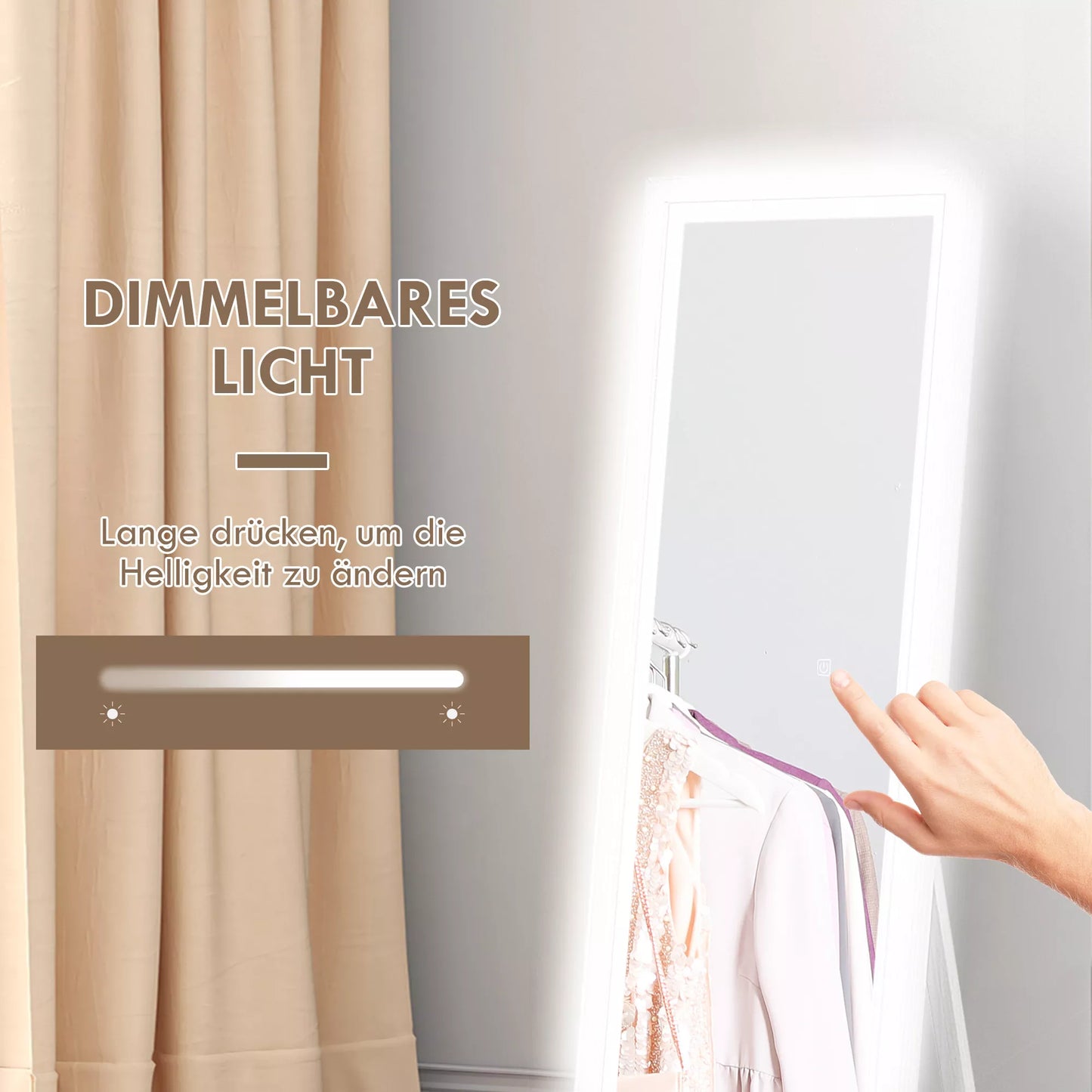 Pilno dydžio veidrodis, 40x160 cm, su LED apšvietimu, jutikliniu valdymu, pritemdomas, 3 spalvos, baltas.