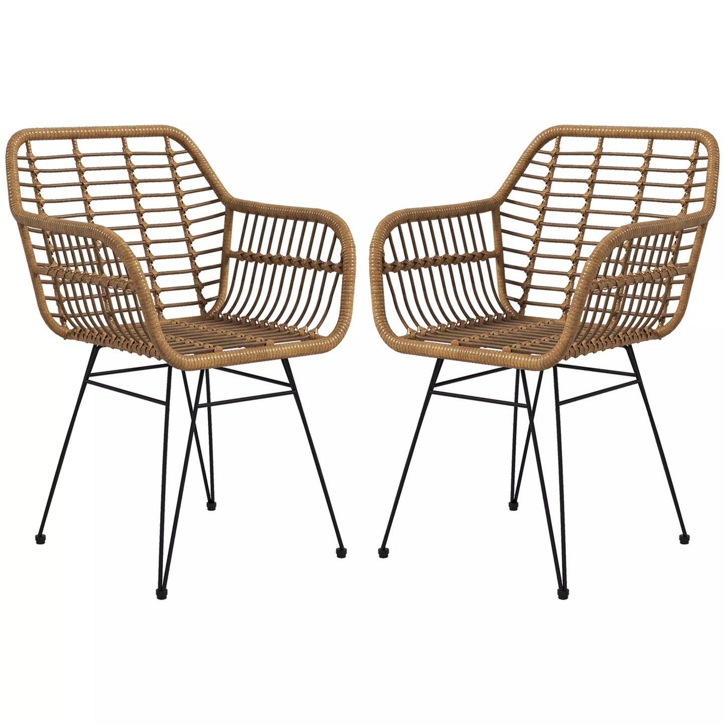 2 vnt. kėdžių komplektas boho stiliaus, virtuvinės kėdės, PE rotango, 56 x 60 x 79 cm, natūralios spalvos + juoda