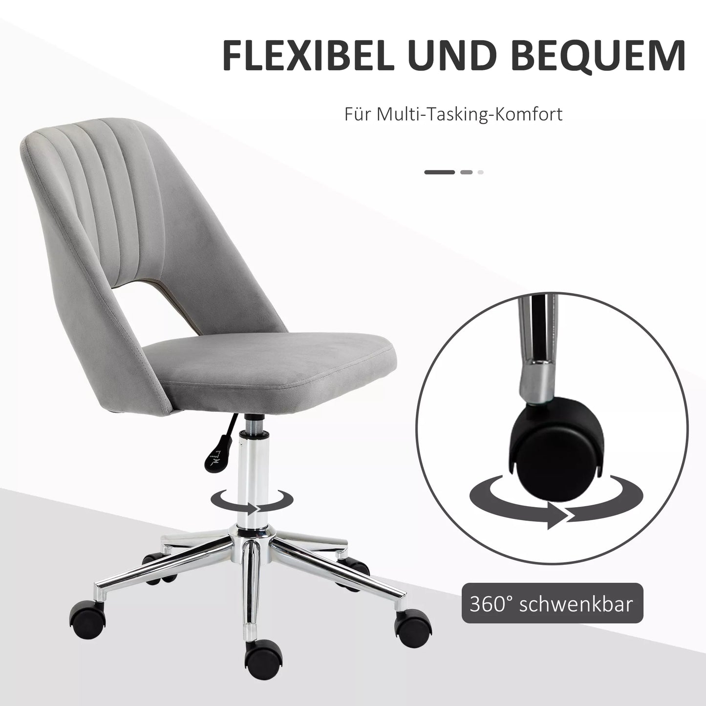 Aukščio reguliuojama rašomojo stalo kėdė su ratukais, 360° pasukama, šukutės formos, putplastis, 49 x 60 x 79-91 cm, pilka