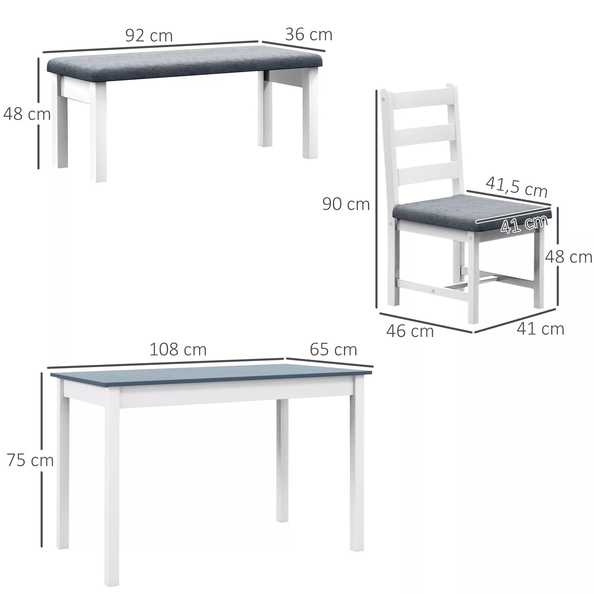 Sėdimoji grupė, 4 dalių valgomojo stalo komplektas, 1 stalas, 1 suolas, 2 kėdės, pilka + balta